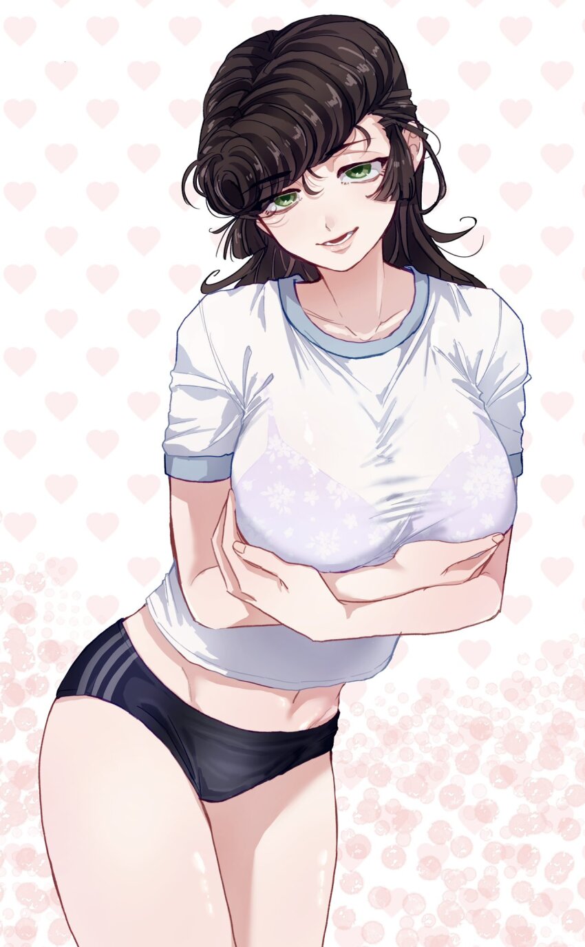1girl bra breasts brown_hair buruma eikfc8 girls_und_panzer green_eyes gym_uniform heart heart_background highres large_breasts long_hair mullet navel pompadour see-through_clothes see-through_shirt shirt simple_background toned toned_female underwear yuri_(girls_und_panzer)