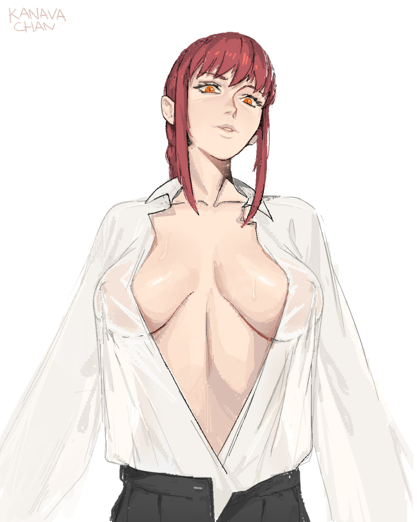 1girl black_pants breasts breasts_apart chainsaw_man collared_shirt commentary covered_erect_nipples highres kanavachan large_breasts long_hair makima_(chainsaw_man) open_clothes open_shirt pants parted_lips red_hair ringed_eyes shirt sidelocks simple_background solo sweat white_background white_shirt yellow_eyes
