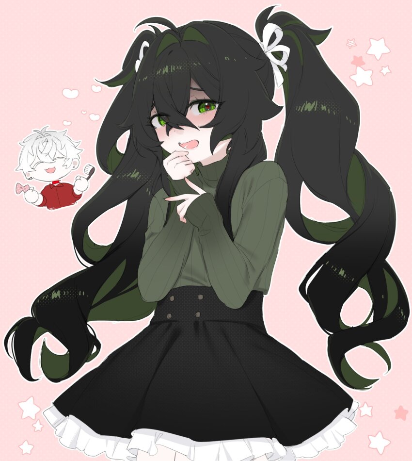 1boy 1girl black_hair black_skirt closed_eyes commentary crossed_bangs degrees_of_lewdity frilled_skirt frills green_eyes green_hair green_sweater hair_between_eyes hair_intakes hair_ribbon highres kai_(drakkai10) kylar_(degrees_of_lewdity) kylar_(female)_(degrees_of_lewdity) long_hair long_sleeves looking_at_viewer mole mole_under_eye open_mouth pale_skin pink_background ribbon skirt sleeves_past_wrists star_(symbol) sweater symbol-only_commentary turtleneck turtleneck_sweater twintails very_long_hair white_ribbon whitney_(degrees_of_lewdity) whitney_(male)_(degrees_of_lewdity)