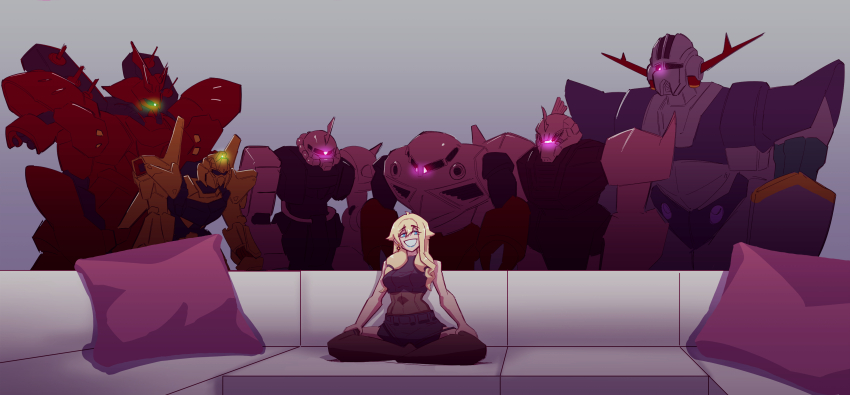1girl absurdres black_shirt black_shorts black_thighhighs blonde_hair bodystocking char&#039;s_counterattack commentary cosmikaizer couch cropped_shirt english_commentary gelgoog_s_char_custom glowing glowing_eye green_eyes grey_background gundam hair_between_eyes hand_on_own_thigh highres horns hoshino_char hyaku_shiki indian_style indie_virtual_youtuber looking_at_viewer looking_down mecha meme mobile_suit mobile_suit_gundam name_connection one-eyed pillow piper_perri_surrounded_(meme) robot sazabi shirt shorts single_horn sitting smile thighhighs virtual_youtuber z&#039;gok_char_custom zaku_ii_s_char_custom zeon zeong zeta_gundam