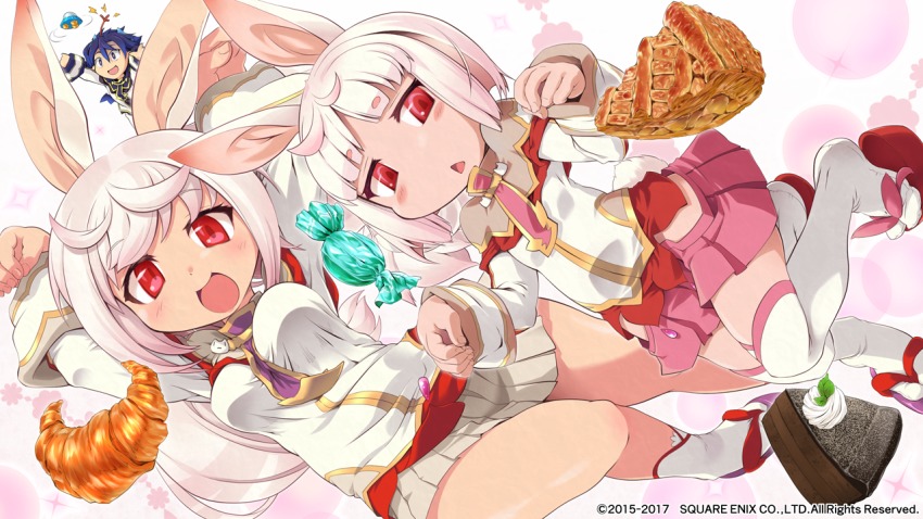 1boy 2girls :&lt; animal_ears blue_hair blush_stickers breasts cake candy copyright_notice croissant demon_boy demon_tail demon_wings flat_chest food full_body horns kirara_ookami long_hair low-tied_long_hair mini_wings multiple_girls official_art open_mouth pie pink_hair pointy_ears pop-up_story purple_eyes rabbit_ears rabbit_girl rabbit_pose red_eyes ruri_ookami school_uniform short_hair siblings sisters skirt smile tail takura_mahiro triangle_mouth ufo white_hair wings ziz_glover