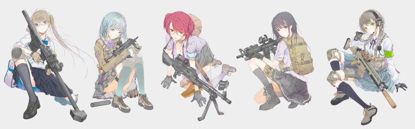 5girls anti-materiel_rifle assault_rifle backpack bag barrett_m82 black_hair blue_eyes blue_hair bookbag bow bowtie bullpup diagonal-striped_bow diagonal-striped_bowtie diagonal-striped_clothes fn_scar fuyou_mariko fuyuno_haruaki grey_hair gun h&amp;k_mp7 heckler_&amp;_koch highres knee_pads kneehighs light_machine_gun little_armory long_image machine_gun multiple_girls muzzle_device original pump-action_shotgun red_eyes red_hair renboshi_fumina rifle scope shiina_rikka shirane_rin shotgun skirt sniper sniper_rifle socks striped_clothes submachine_gun teruyasu_maria thighhighs tomytec twintails weapon wide_image