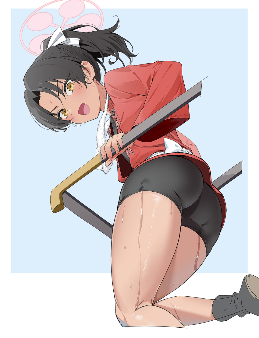 1girl :d ass bike_shorts black_hair blue_archive blush from_behind halo highres hyury looking_at_viewer medium_hair open_mouth ponytail rickshaw rickshaw_student_(blue_archive) smile solo standing standing_on_one_leg sweat yellow_eyes