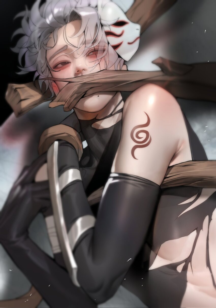 1boy blush fox_mask gloves grey_hair hatake_kakashi heterochromia highres implied_yaoi konohagakure_anbu_uniform male_focus mask mole naruto naruto_(series) plant red_eyes scar scar_across_eye scar_on_face sharingan solo ssxssss_848 tattoo toned toned_male torn_clothes vines