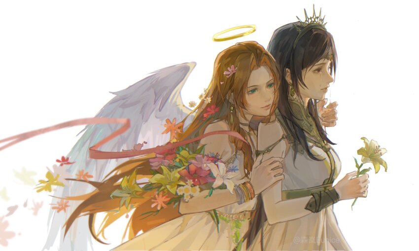 2girls aerith_gainsborough aerith_gainsborough_(white_floral_dress) angel_wings bangle bare_shoulders black_hair blue_flower bracelet bracer breasts brown_hair circlet crown dress earrings eunice_91555 feathered_wings final_fantasy final_fantasy_vii final_fantasy_vii_rebirth final_fantasy_vii_remake flower gold_trim green_eyes hair_flower hair_ornament halo hand_on_another&#039;s_arm harness highres jewelry lily_(flower) medium_breasts multiple_girls official_alternate_costume parted_bangs parted_lips pink_flower pink_ribbon red_eyes ribbon sidelocks sleeveless sleeveless_dress swept_bangs tears tifa_lockhart tifa_lockhart_(loveless_dress) twitter_username upper_body white_background white_dress white_flower white_wings wings yuri