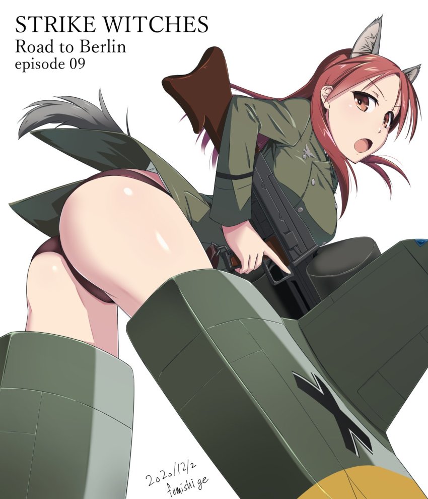 1girl animal_ears ass copyright_name dated double-drum_magazine drum_magazine fumishige machine_gun gun high-capacity_magazine highres looking_at_viewer machine_gun magazine_(weapon) mg42 minna-dietlinde_wilcke no_pants open_mouth orange_eyes panties purple_panties red_hair saddle-drum simple_background solo strike_witches striker_unit thighs underwear weapon white_background world_witches_series