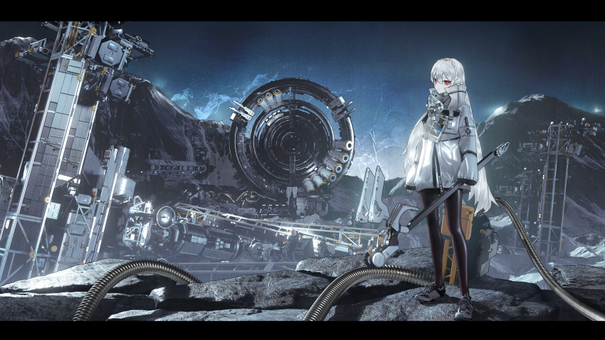 1girl absurdres arknights arknights:_endfield braid brown_pantyhose closed_mouth crown_braid grey_hair hair_between_eyes highres holding jacket letterboxed long_hair long_sleeves mountain night night_sky outdoors pantyhose radar_dish red_eyes seymour_(sai_lu_er) shoes sky sleeves_past_wrists solo standing star_(sky) starry_sky very_long_hair warfarin_(arknights) white_jacket white_shoes