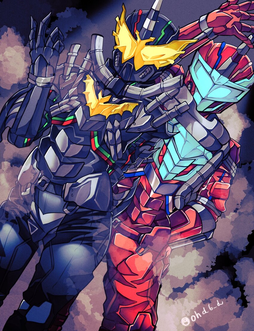 armor asymmetrical_horns bat_(animal) belt black_bodysuit blood_stalk blue_eyes blue_horns bodysuit cobra_(animal) cowboy_shot gloves glowing helmet highres horns jumpsuit kamen_rider kamen_rider_build_(series) long_sleeves looking_at_viewer male_focus multiple_boys night_rogue ohd6_d red_armor red_bodysuit red_gloves shoulder_armor simple_background single_horn standing tokusatsu vest villain_pose wire