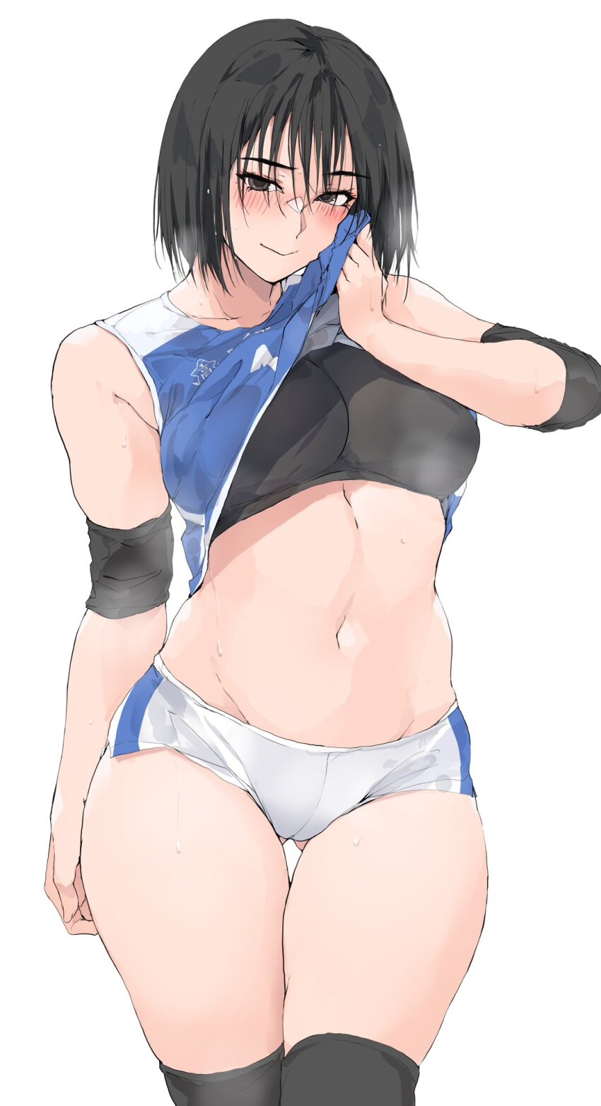 1girl black_bra black_eyes black_hair black_socks blue_shirt blush bra breasts closed_mouth clothes_lift elbow_pads gluteal_fold highres large_breasts long_hair navel original shirt shirt_lift short_hair shorts simple_background smile socks solo sportswear standing steaming_body thighs underwear volleyball_uniform white_background white_shorts zekkyon