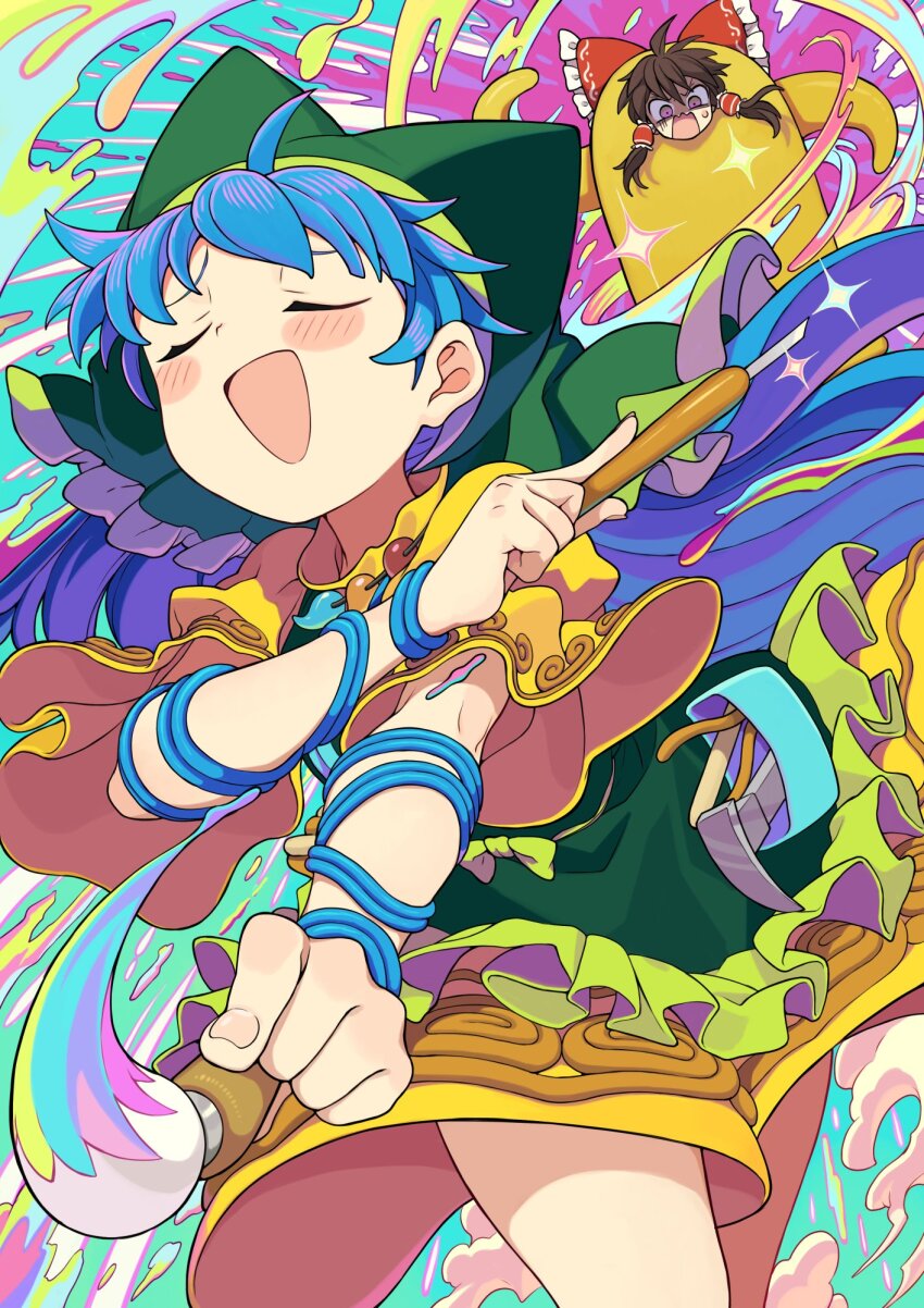 2girls :d apron arm_ribbon blue_hair blue_ribbon blush_stickers bow brown_hair closed_eyes commentary_request dress frilled_bow frills green_apron green_headscarf hair_bow hair_tubes hakurei_reimu haniyasushin_keiki headscarf highres holding holding_paintbrush jewelry long_hair magatama magatama_necklace morino_hon multiple_girls necklace open_mouth paintbrush red_bow ribbon smile touhou touhou_danmaku_kagura wood_carving_tool yellow_dress