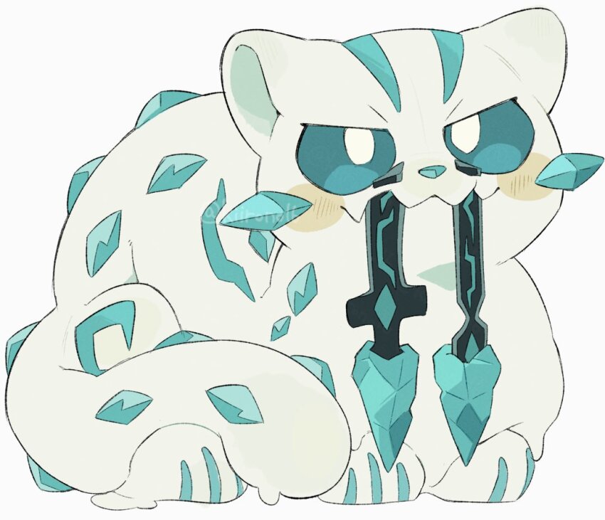 blue_eyes bright_pupils chien-pao fangs full_body kiirono nintendo no_humans pokemon pokemon_(creature) simple_background solo tail white_background white_fur white_pupils