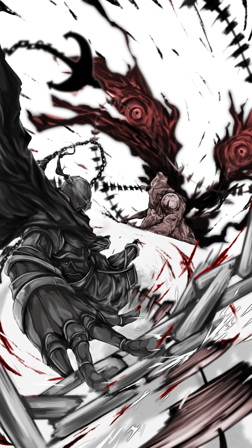 2boys anchor armor black_souls black_souls_2 cape chain duel fighting full_armor gauntlets glowing glowing_eyes greaves grimm_(black_souls) helm helmet highres knight lorde_(black_souls) multiple_boys robe scrapiron2800 whip wings