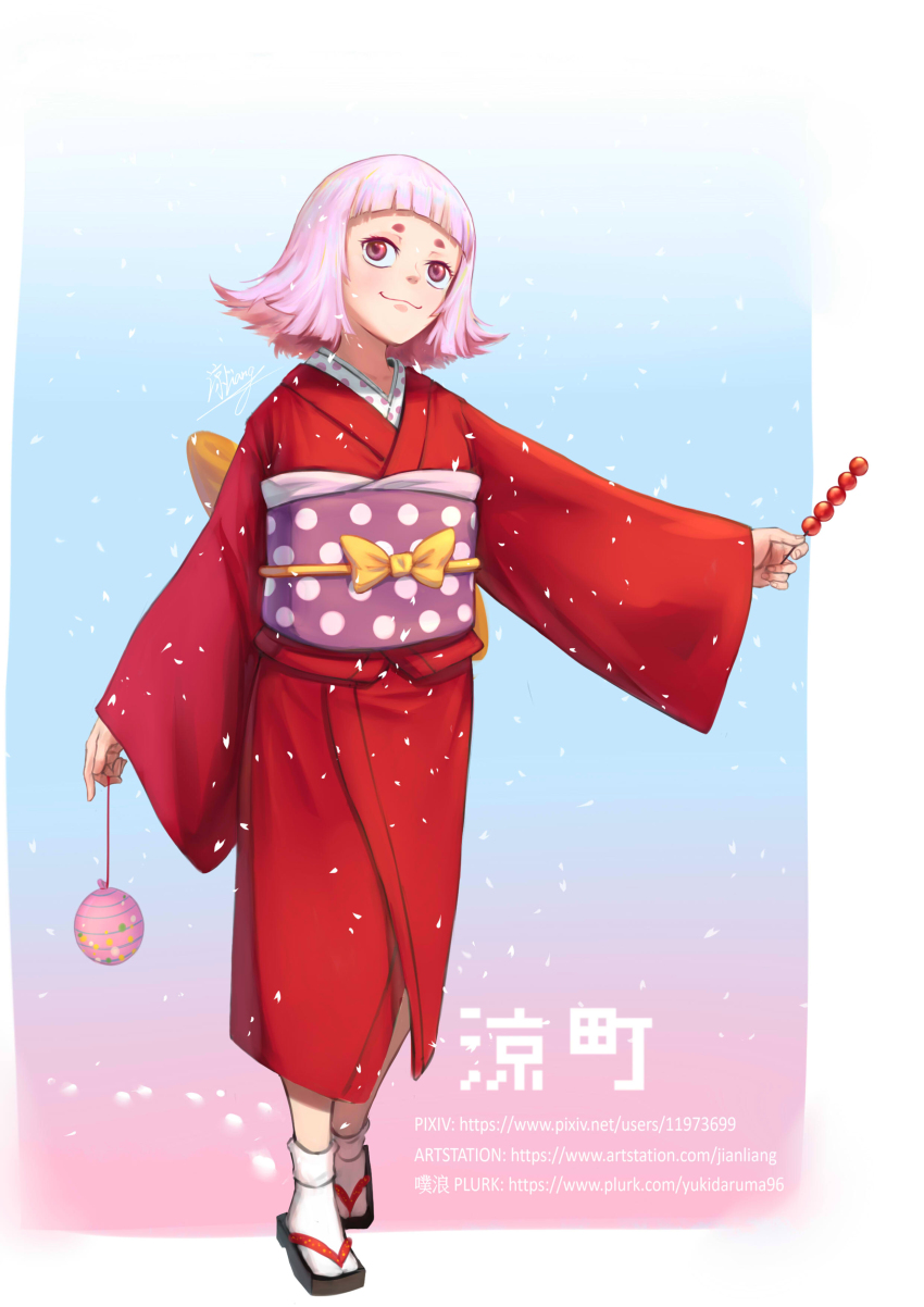 1girl absurdres artist_name blunt_bangs bow child chinese_commentary closed_mouth commentary_request food full_body highres holding holding_food japanese_clothes jian_liang kimono obi obiage obijime one_piece pink_eyes pink_hair red_kimono sandals sash short_hair signature smile solo standing tanghulu toko_(one_piece) traditional_clothes water_yoyo watermark web_address yellow_bow zouri