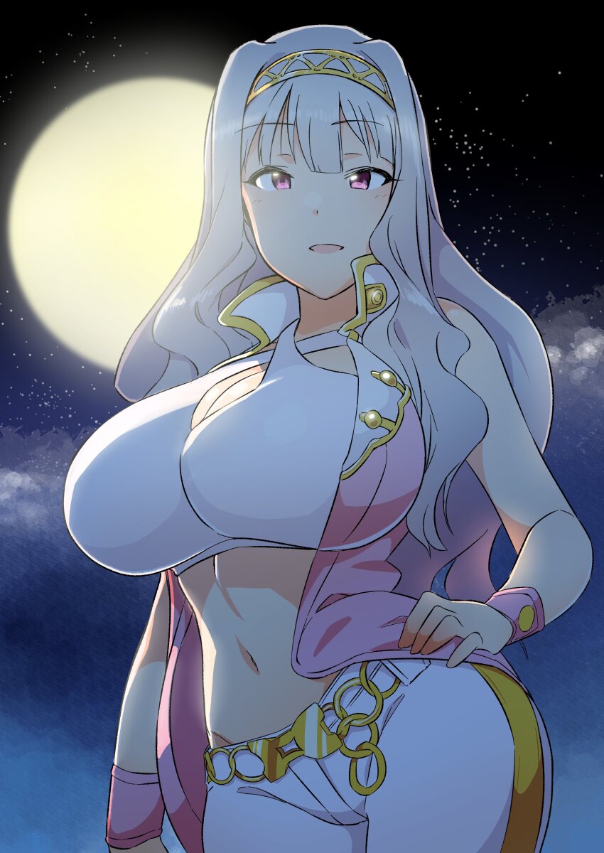 1girl absurdres backlighting bare_shoulders blush breasts chain_belt cleavage cloud cowboy_shot crop_top cropped_shirt dot_nose full_moon gold_belt grey_hair hairband hand_on_own_hip highres idolmaster idolmaster_(classic) idolmaster_million_live! idolmaster_million_live!_theater_days jacket large_breasts long_hair looking_at_viewer luxury_(idolmaster) midriff momo_no_suidou-sui moon navel night open_clothes open_jacket open_mouth outdoors pants pink_diamond_765_(idolmaster) pink_jacket purple_eyes shijou_takane shirt sky sleeveless sleeveless_jacket smile solo standing star_(sky) starry_sky white_pants white_shirt yellow_hairband