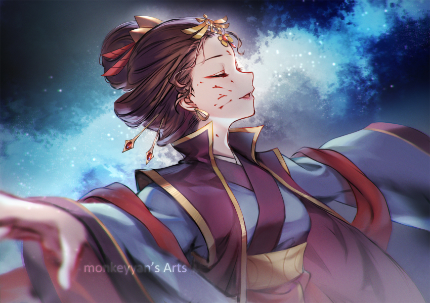 1girl artist_name blood blood_on_face breasts brown_hair chinese_clothes chinese_hairpin closed_eyes dancing ear_piercing earrings hair_bun highres jewelry kusuriya_no_hitorigoto lips long_hair loulan_(kusuriya_no_hitorigoto) medium_breasts monkeyyan night night_sky open_mouth piercing pink_lips single_hair_bun sky smile solo star_(sky) tongue