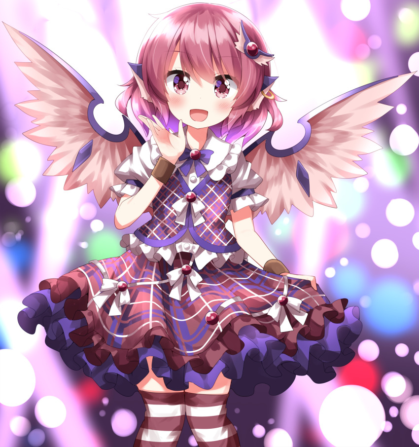 1girl alternate_costume animal_ears bird_ears bird_wings blush brown_skirt brown_vest commentary_request earrings feet_out_of_frame frilled_shirt_collar frilled_skirt frilled_sleeves frills hair_between_eyes hair_ornament highres hollow_song_of_birds jewelry mystia_lorelei open_mouth pink_eyes pink_hair pink_wings ruu_(tksymkw) sailor_collar shirt short_hair short_sleeves single_earring skirt smile solo striped_clothes striped_thighhighs thighhighs touhou vest white_shirt wings