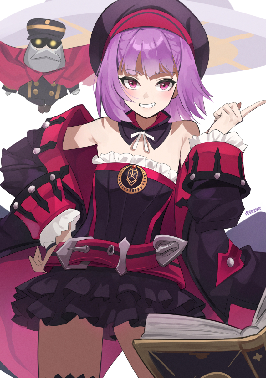 1girl absurdres bare_shoulders black_coat black_dress black_hat black_thighhighs book breasts coat colonel_olcott_(fate) daweykun detached_collar dress fate/grand_order fate_(series) grin hat helena_blavatsky_(fate) highres long_sleeves looking_at_viewer off_shoulder open_clothes open_coat purple_eyes purple_hair short_dress short_hair small_breasts smile thighhighs thighs