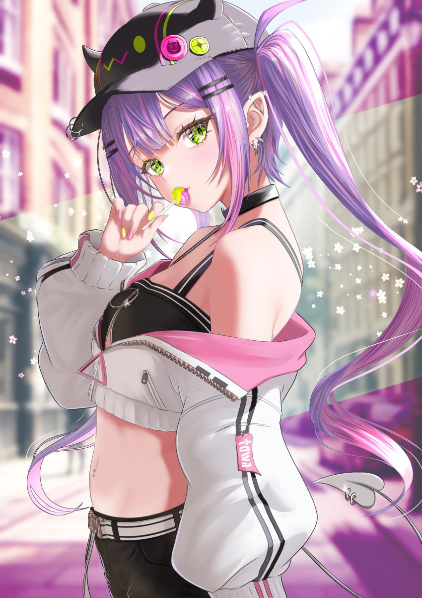 1girl absurdres bare_shoulders baseball_cap belt bibi_(tokoyami_towa) black_choker black_hat black_shirt blurry blurry_background candy choker cowboy_shot crop_top cropped_jacket ear_piercing food from_side green_eyes hand_up hat highres holding holding_candy holding_food holding_lollipop hololive horned_hat lollipop long_hair long_sleeves looking_at_viewer looking_to_the_side midriff nail_polish navel navel_piercing off_shoulder piercing pointy_ears puffy_long_sleeves puffy_sleeves purple_hair shirt sidelocks sleeveless sleeveless_shirt solo stomach tokoyami_towa tokoyami_towa_(1st_costume) twintails undershirt virtual_youtuber wakaunderblade7