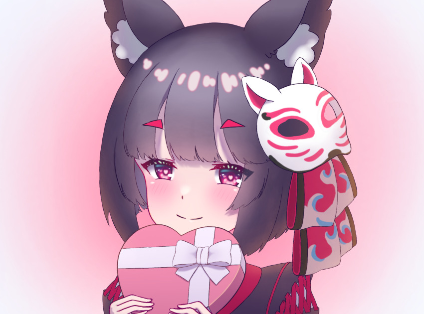 1girl animal_ears azur_lane black_hair black_kimono blush box brown_hair cat_ears cat_girl cat_mask coariouse gift hair_between_eyes hands_up heart heart-shaped_box heart-shaped_pupils highres holding holding_gift japanese_clothes kimono looking_at_viewer mask mask_on_head medium_hair pink_eyes red_eyes smile solo symbol-shaped_pupils yamashiro_(azur_lane)