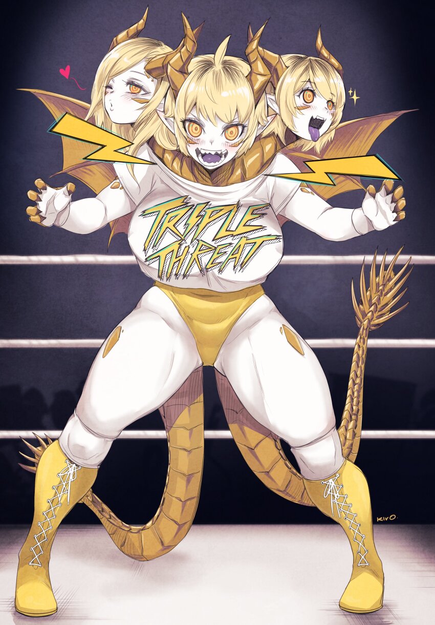 1girl absurdres blonde_hair blowing_kiss boots breasts dragon_horns dragon_wings english_text extra_tails fang full_body godzilla:_king_of_the_monsters godzilla_(series) heart highres horns king_ghidorah king_ghidorah_(monsterverse) kivo large_breasts leotard monsterverse multiple_heads one_eye_closed open_mouth personification sharp_teeth shirt skin_fang sparkle teeth white_shirt wings wrestling_outfit wrestling_ring yellow_boots yellow_eyes yellow_leotard yellow_tail yellow_wings
