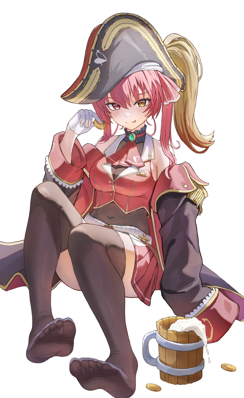 1girl absurdres bare_shoulders black_thighhighs breasts cleavage closed_mouth covered_navel feet foot_focus gloves hair_between_eyes hand_up hat heterochromia highres hololive houshou_marine long_hair long_sleeves medium_breasts midriff no_shoes pirate pirate_hat red_eyes red_hair simple_background sitting smile solo suis_(suis022511) thighhighs toes tongue tongue_out virtual_youtuber white_background white_gloves yellow_eyes