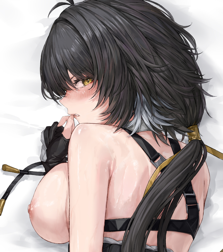 1girl absurdres antenna_hair bed_sheet biting black_gloves black_hair blush breasts butuo_(butuo13) chinese_commentary commentary_request dakimakura_(object) female_rover_(wuthering_waves) gloves grey_hair highres large_breasts long_hair looking_at_viewer low_ponytail lying merchandise_available multicolored_hair nail_biting nipples on_stomach parted_lips partial_commentary partially_fingerless_gloves pillow ponytail rover_(wuthering_waves) second-party_source solo tears topless_female two-tone_hair upper_body v-shaped_eyebrows wuthering_waves yellow_eyes