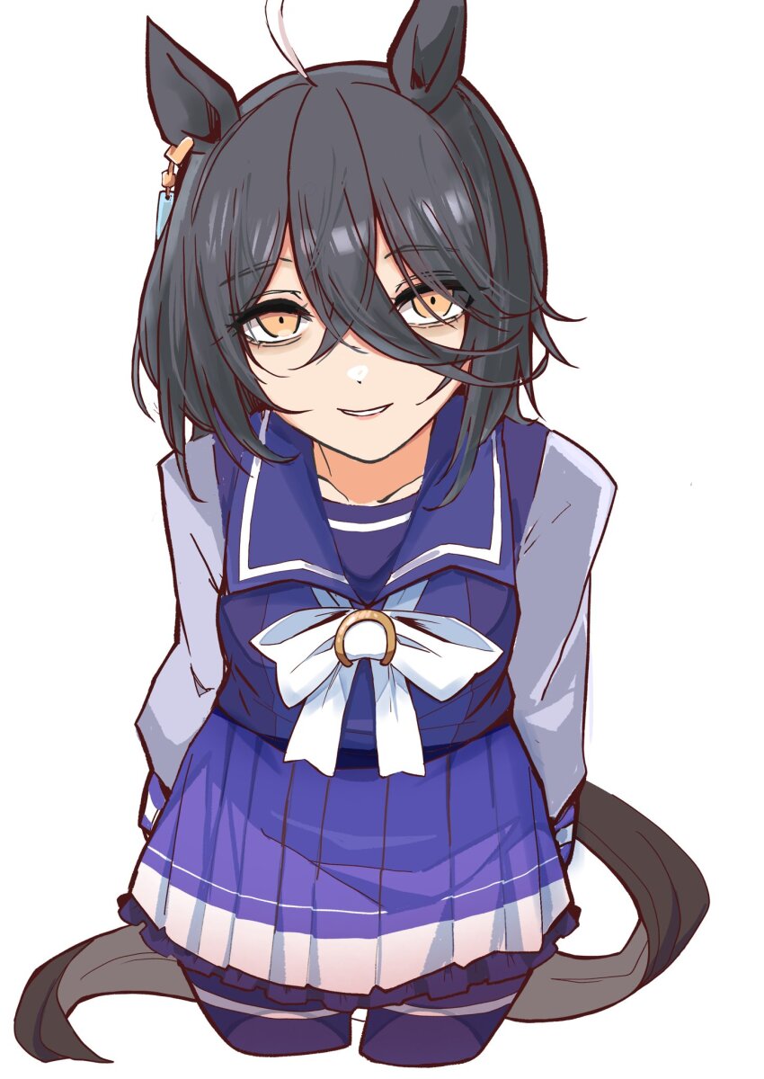 1girl ahoge alternate_hairstyle animal_ears bags_under_eyes black_eyeliner black_hair bow bowtie collarbone cosplay crossed_bangs ear_tag earrings eyeliner hair_between_eyes highres horse_ears horse_girl horse_tail jewelry kawamochi_(tddm3573) long_bangs long_hair_between_eyes long_sleeves looking_at_viewer makeup manhattan_cafe_(umamusume) medium_hair multicolored_hair parted_lips pleated_skirt pretty_sammy_(character) pretty_sammy_(character)_(cosplay) purple_shirt purple_skirt purple_thighhighs school_uniform shirt shirt_tucked_in single_earring skirt smile solo tail thighhighs tracen_school_uniform umamusume white_background white_bow white_bowtie white_hair yellow_eyes