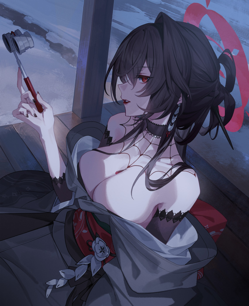 1girl black_hair black_nails blue_archive breasts cleavage fingernails grey_kimono hair_between_eyes halo halo_behind_head highres holding japanese_clothes kimono kokuriko_(blue_archive) large_breasts long_sleeves looking_at_viewer medium_hair nail_polish obi open_mouth opera_glasses profile red_eyes red_halo reeh_(yukuri130) sash solo wide_sleeves