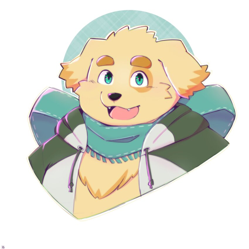 1boy animal_ears colored_tips commentary cu_sith_(housamo) dog_boy dog_ears dog_nose english_commentary fangs floppy_ears furry furry_male green_eyes green_jacket green_scarf highres jacket looking_at_viewer male_focus multicolored_hair open_clothes open_jacket open_mouth popolipo scarf smile tokyo_houkago_summoners upper_body yellow_fur