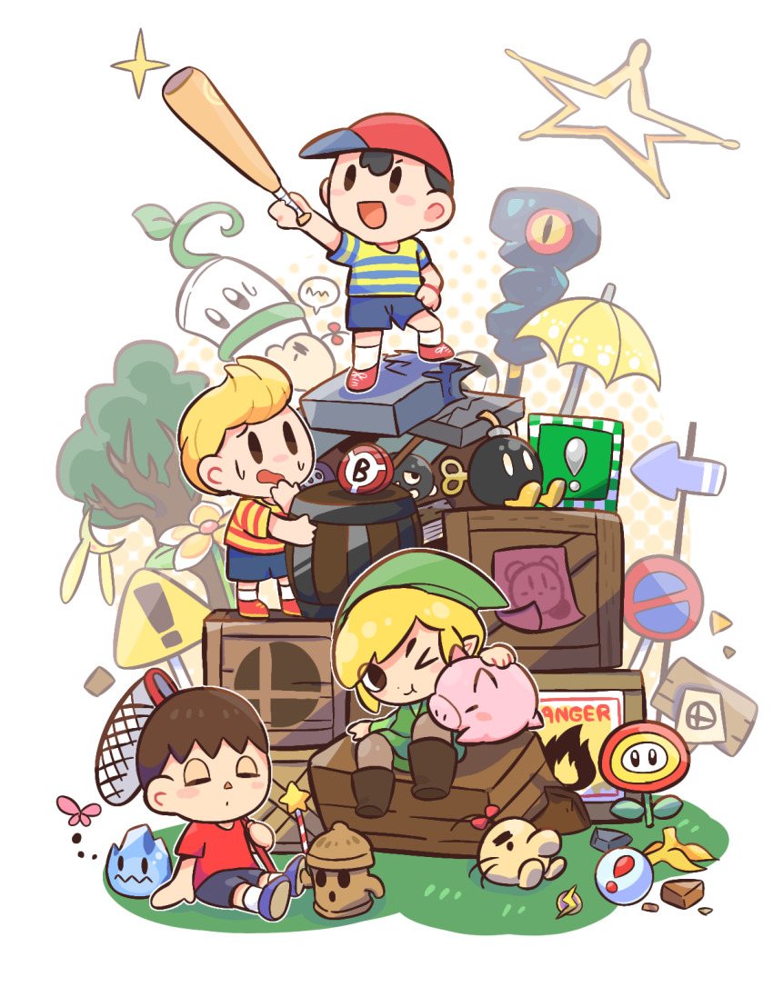 !_block &gt;_o 4boys :d :o animal_crossing animal_ears arrow_(symbol) ball bana_(bana_bilibili) banana_peel barrel baseball_bat baseball_cap black_shorts blonde_hair blue_footwear blue_shirt blue_shorts blush blush_stickers bob-omb boots box brown_footwear brown_hair bug bullet_bill butterfly butterfly_net closed_eyes closed_mouth commentary_request copyright_request crate doseisan fake_animal_ears fire_flower flower freezie grass green_headwear green_tunic gyroid_(animal_crossing) hand_net hat highres holding holding_baseball_bat holding_butterfly_net holding_wand insect kid_icarus kid_icarus_uprising kirby kirby_(series) launch_star_(mario) lightning_bolt_symbol link lloid lucas_(mother_3) mario_(series) mario_bros. mario_kart metroid mother_(series) mother_2 mother_3 multiple_boys ness_(mother_2) nintendo no_entry_sign one_eye_closed open_mouth ore_club_(kid_icarus) panel_de_pon paper pig pitfall_seed plant quiff rabbit_ears red_headwear red_shirt road_sign rock sandbag_(smash_bros) shirt shoes short_hair short_sleeves shorts sign simple_background sitting smart_bomb_(star_fox) smash_ball smile soccer_ball socks solid_oval_eyes sparkle speech_bubble standing star_(symbol) star_fox star_rod star_wand striped_clothes striped_shirt super_mario_64 super_mario_galaxy super_smash_bros. sweatdrop t-shirt the_legend_of_zelda the_legend_of_zelda:_the_wind_waker toon_link tree tunic two-tone_shirt umbrella villager_(animal_crossing) vines wand warning_sign white_background white_socks wooden_box yellow_shirt yellow_umbrella