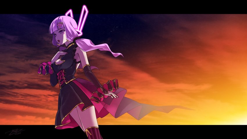 1girl black_dress black_sleeves blunt_bangs commentary cowboy_shot detached_sleeves dress frilled_sleeves frills glowing hair_ornament hairclip hand_on_own_chest highres letterboxed purple_eyes purple_hair sleeveless sleeveless_dress solo thighhighs twilight vocaloid voiceroid watanabe_hiroaki yuzuki_yukari yuzuki_yukari_(mu)