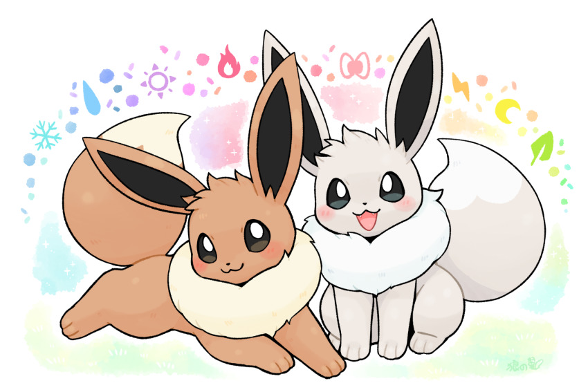 :3 alternate_color animal_focus blush brown_fur commentary eevee fluffy gen_1_pokemon looking_at_viewer lovewolf5122 lying nintendo no_humans open_mouth pokemon pokemon_(creature) pokemon_focus shiny_and_normal shiny_pokemon sitting smile symbol-only_commentary white_fur