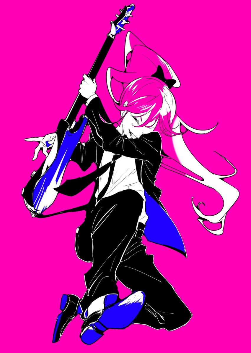 1girl aikatsu! aikatsu!_(series) bad_id bad_twitter_id black_jacket black_necktie black_pants black_suit bow collared_shirt formal_clothes full_body guitar hair_bow hands_up highres holding holding_guitar holding_instrument instrument jacket jumping limited_palette long_hair necktie open_mouth otoshiro_seira pant_suit pants pink_background pink_hair ponytail shiontaso shirt shoe_soles shoes simple_background smile solo suit