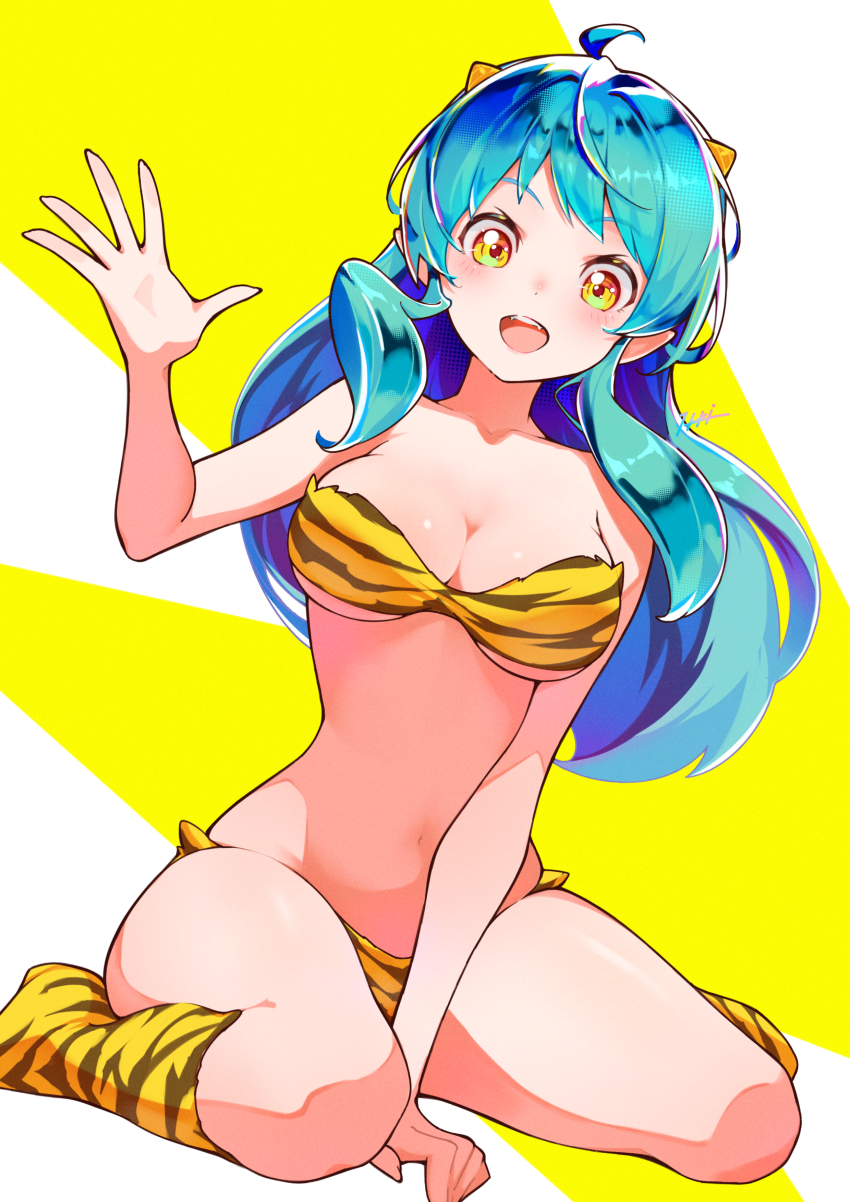 1girl absurdres animal_print bikini blue_hair breasts cone_horns fur_bikini hand_up highres horns itou_kazuki long_hair looking_at_viewer lum medium_breasts navel oni open_mouth print_footwear sitting small_horns solo strapless strapless_bikini swimsuit tiger_print urusei_yatsura wariza yellow_bikini yellow_eyes yellow_horns