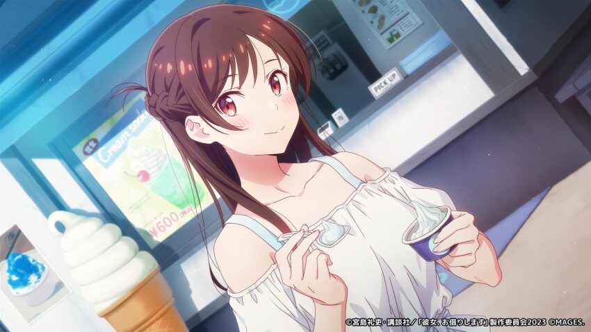 1girl bare_shoulders brown_hair closed_mouth collared_shirt copyright_notice dutch_angle food highres holding holding_food holding_ice_cream holding_spoon ice_cream ice_cream_cup kanojo_okarishimasu light_blush long_hair looking_at_viewer mizuhara_chizuru off-shoulder_shirt off_shoulder official_art red_eyes shirt smile soft_serve solo spoon white_shirt