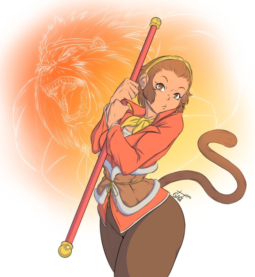1girl artist_name brown_eyes brown_hair capcom dark-skinned_female dark_skin forehead gage_199x hair_ornament highres marvel_vs._capcom marvel_vs._capcom_2 monkey_girl monkey_tail neckerchief short_hair sideburns sonson sonson_(series) staff tail thighs wide_hips