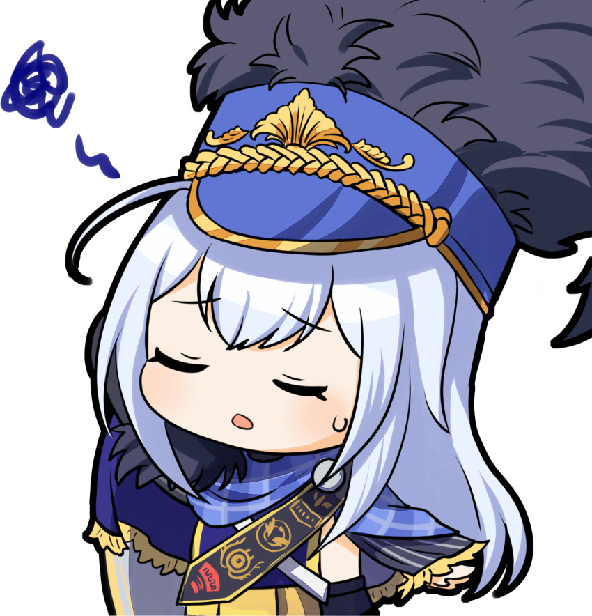 1girl artist_request blue_hat chibi chibi_only chinese_commentary closed_eyes fur_trim girls&#039;_frontline girls&#039;_frontline_neural_cloud grey_hair hat highres military_hat official_art scratching_head second-party_source shako_cap solo squiggle sweatdrop undine_(neural_cloud)