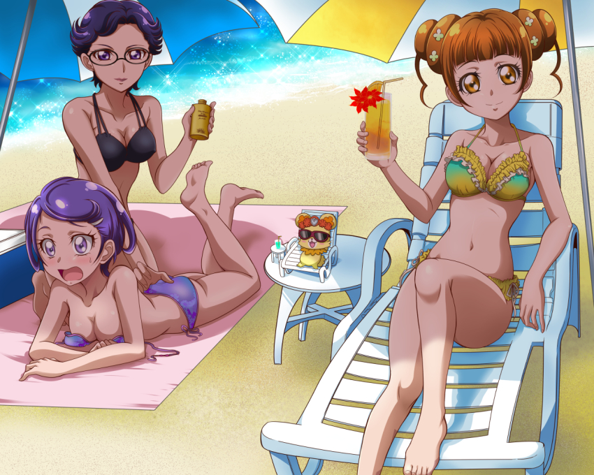 3girls barefoot beach_umbrella bikini blue_hair brown_hair chair davi_(dokidoki!_precure) db_(dokidoki!_precure) dokidoki!_precure double_bun drink feet frilled_bikini frills glasses gradient_bikini hair_bun hanzou kenzaki_makoto long_hair looking_at_viewer lounge_chair lying multiple_girls on_stomach precure purple_bikini purple_eyes purple_hair rance_(dokidoki!_precure) sand short_hair sitting smile sunglasses swimsuit twintails umbrella untied_bikini yellow_bikini yotsuba_alice