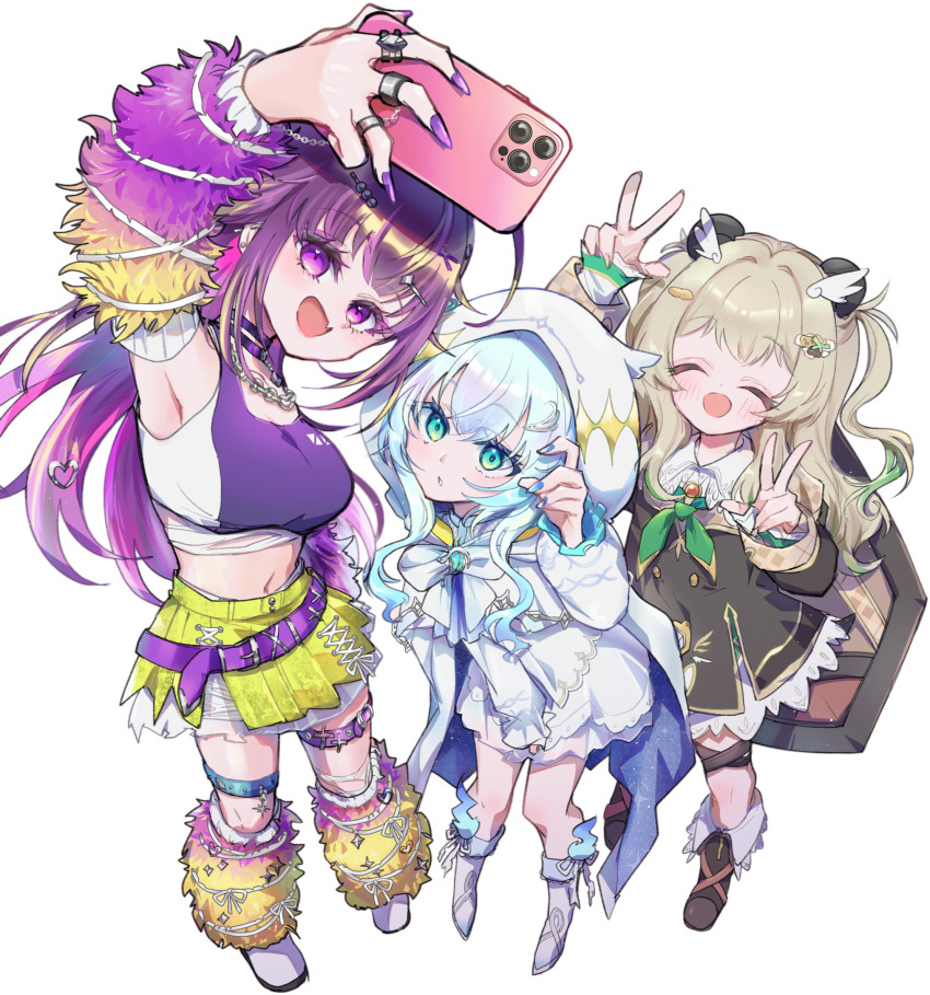 3girls amatsuna_sasaha animal_ears armpits black_boots black_dress blonde_hair blue_eyes blue_hair boots breasts cellphone choker cloak closed_eyes detached_sleeves double_w dress full_body fur_sleeves highres holding holding_phone hood hood_up hooded_cloak jewelry kasukane_shino kuzuhana long_hair medium_breasts midriff multiple_girls nanashi_inc. navel necklace non-web_source open_mouth panda_ears panda_girl phone pleated_skirt purple_choker purple_eyes purple_hair purple_sleeves purple_sports_bra selfie shield shield_on_back shoes simple_background skirt smartphone smile sports_bra standing thigh_strap transparent_background uruwashi_ririri virtual_youtuber w white_boots white_cloak white_dress white_shoes yellow_skirt