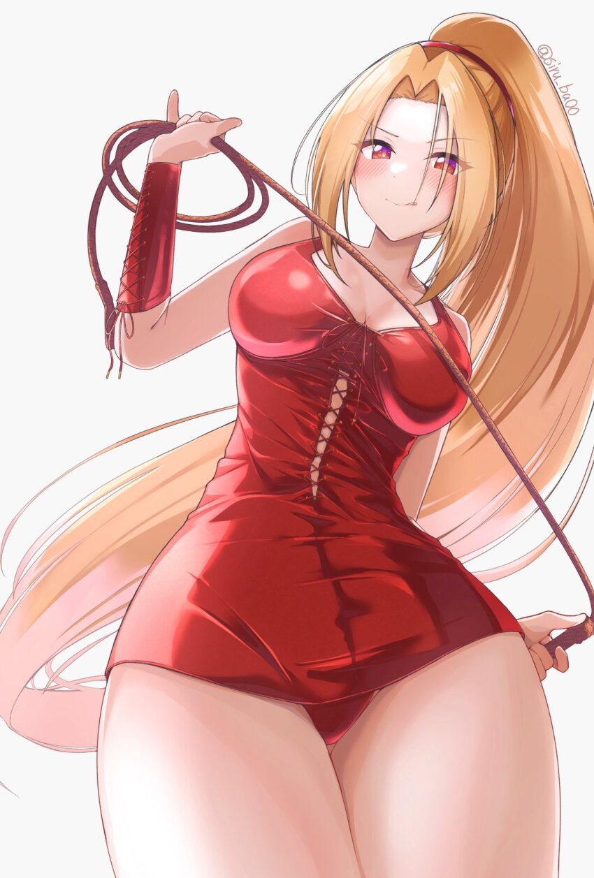 1girl blonde_hair breasts closed_mouth dress highres holding kagin_(kagou_shita_nanika) large_breasts long_hair looking_at_viewer ponytail red_dress short_dress shynesslady simple_background smile solo star_ocean star_ocean_the_second_story strapless very_long_hair whip white_background