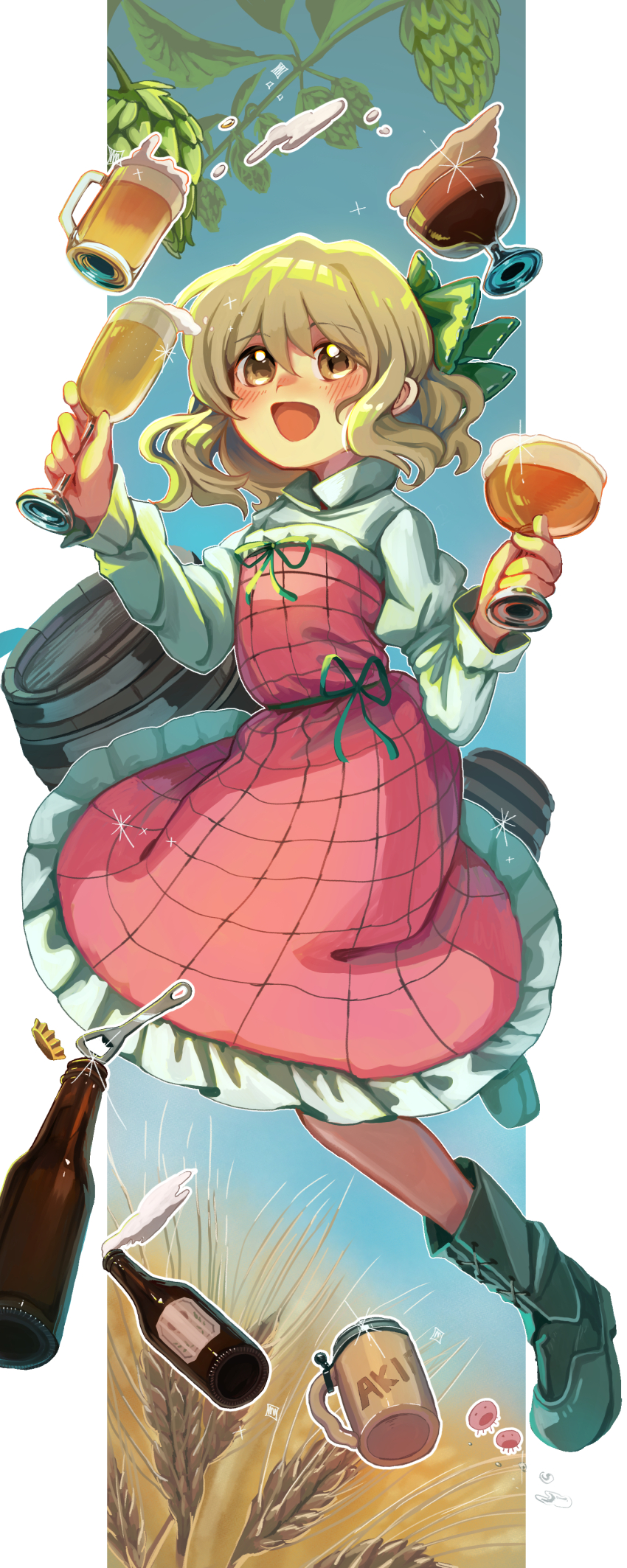 1girl :d absurdres akihabara_beer_fair alcohol barrel beer beer_bottle beer_mug beerko blonde_hair blush boots bottle bottle_opener bow brown_eyes champagne_flute collared_shirt cup dress drinking_glass foam frilled_dress frills full_body glass green_boots green_bow green_sash hair_bow highres holding holding_cup hops_(flower) juliet_sleeves lace-up_boots long_sleeves matsukuzu medium_dress midair mug open_mouth outline plaid_clothes plaid_dress puffy_sleeves red_dress sash shirt sleeveless sleeveless_dress smile snifter_glass solo strapless strapless_dress wheat white_outline white_shirt wine_glass