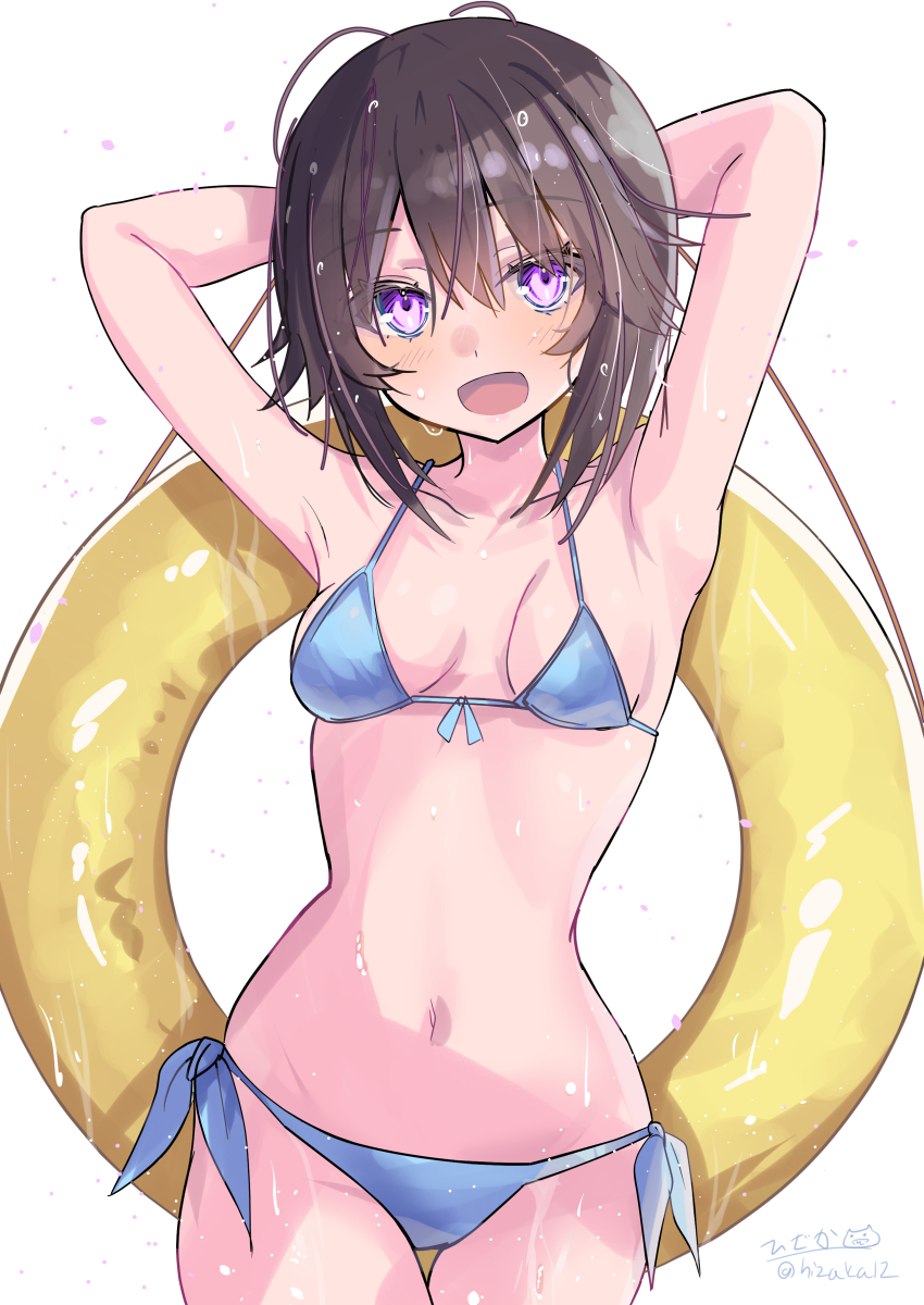 1girl absurdres alternate_costume arms_behind_head bikini black_hair blue_bikini front-tie_bikini_top front-tie_top hayasui_(kancolle) highres hizaka kantai_collection one-hour_drawing_challenge open_mouth purple_eyes short_hair side-tie_bikini_bottom simple_background smile solo swimsuit wet wet_clothes wet_hair wet_swimsuit white_background yellow_innertube