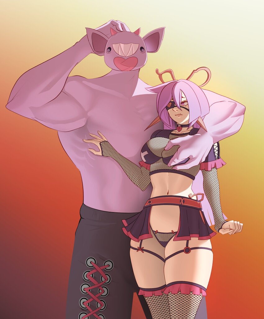 1boy 1girl absurdres alternate_body_size black_eyes breasts broken_heart choker colored_skin commission commissioner_upload eyepatch fingerless_gloves fishnet_gloves fishnet_thighhighs fishnets garter_belt garter_straps gloves grabbing_another&#039;s_breast groping heart highres horns irfan_art long_hair looking_at_viewer mascot medium_breasts mercy_modiste muscular navel pants purple_eyes purple_hair purple_skin scissors scissors_hair_ornament shirtless_male showgirl_skirt snippet_(mercy_modiste) sweatpants thighhighs vallure