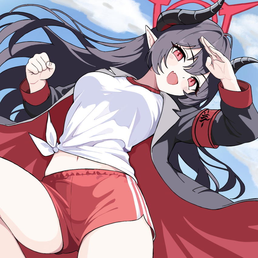 1girl blue_archive breasts buruma chiaki_(blue_archive) coat demon_girl demon_horns grey_coat hair_between_eyes highres horns large_breasts long_hair looking_at_viewer purple_eyes red_buruma shirt short_shorts shorts simple_background thighs user_pstz8335 white_background white_shirt