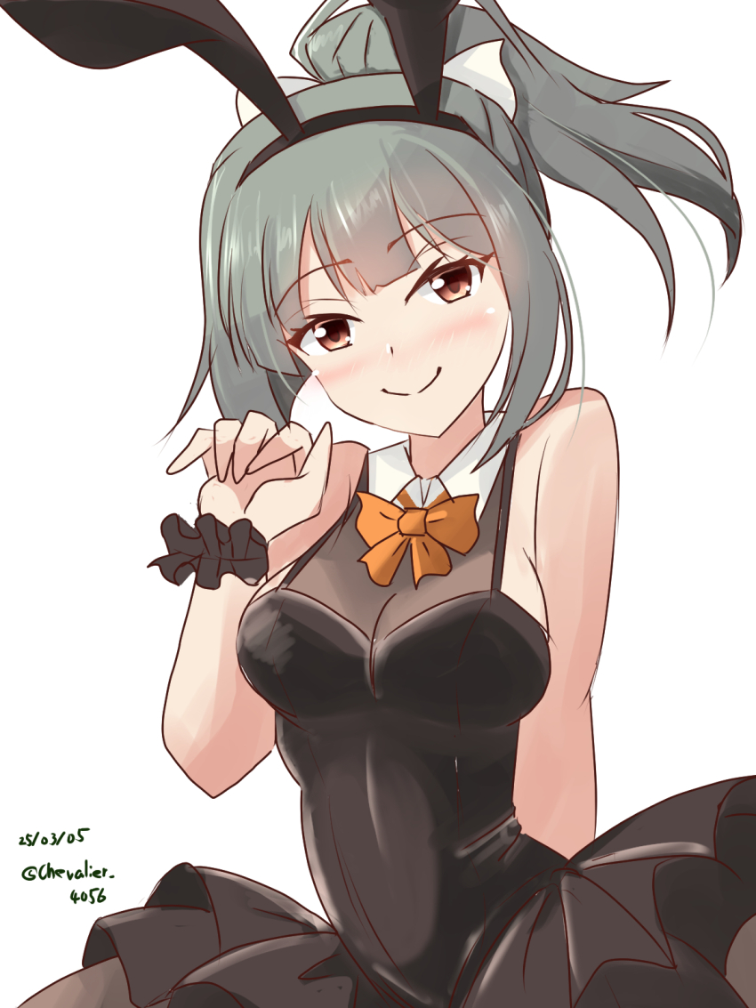 1girl animal_ears bare_shoulders black_dress bow bowtie breasts dated detached_collar dress fake_animal_ears hair_ribbon highres kantai_collection leotard looking_at_viewer orange_bow orange_bowtie playboy_bunny ponytail rabbit_ears ribbon sawatani_(chevalier_04056) small_breasts smile solo twitter_username upper_body yuubari_(kancolle)