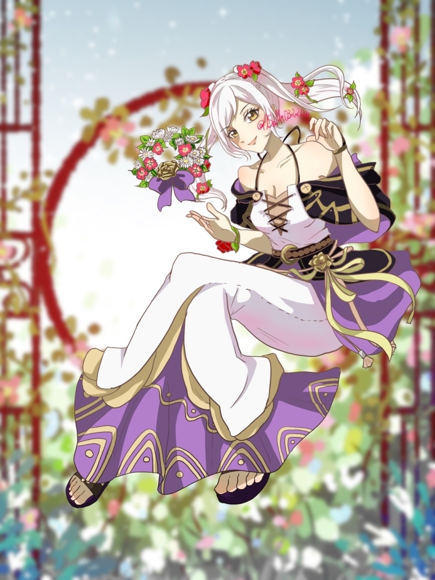 1girl armpit_crease artist_request bare_arms bare_shoulders bracelet breasts brown_eyes capelet cleavage clenched_hand collarbone crease dress eyelashes feet female_focus female_robin_(fire_emblem) female_robin_(valentine)_(fire_emblem) fingerless_gloves fingernails fire_emblem fire_emblem_awakening fire_emblem_heroes flower flower_bracelet flower_knot full_body garden gloves hair_flower hair_ornament halterneck hands_up happy highres invisible_chair lips long_dress long_hair looking_at_viewer medium_breasts mermaid_dress neck nintendo off_shoulder official_alternate_costume rope_belt sandals scan sidelocks signature sitting sleeveless sleeveless_dress smile spaghetti_strap swept_bangs tight_clothes tight_dress toes twintails white_hair