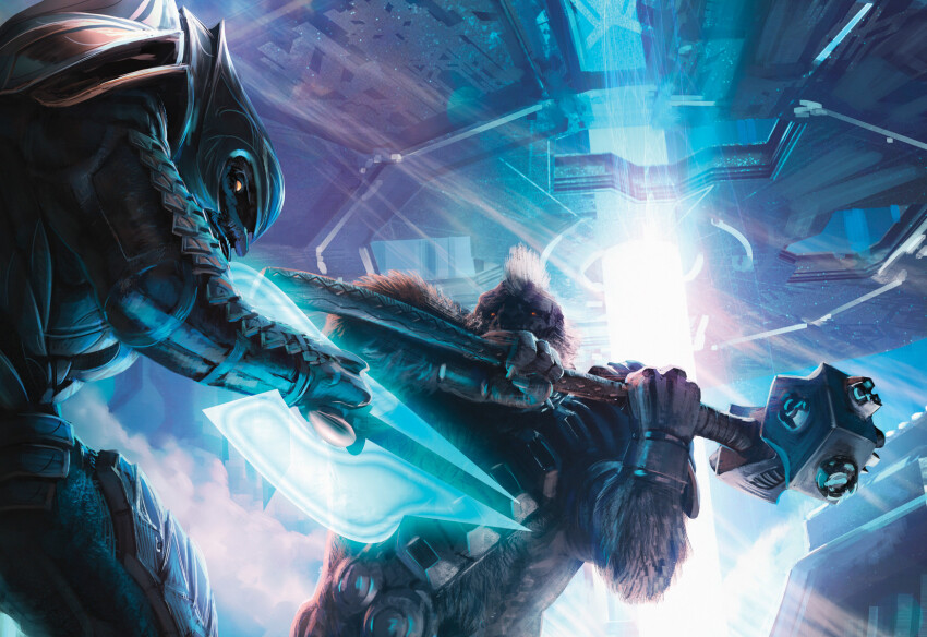 2boys alien arbiter armor battle brown_fur fighting_stance from_behind halo_(series) halo_2 halo_installation hammer highres holding holding_weapon isaac_hannaford jiralhanae multiple_boys official_art plasma_sword sangheili tartarus_(halo) thel&#039;vadam weapon yellow_eyes