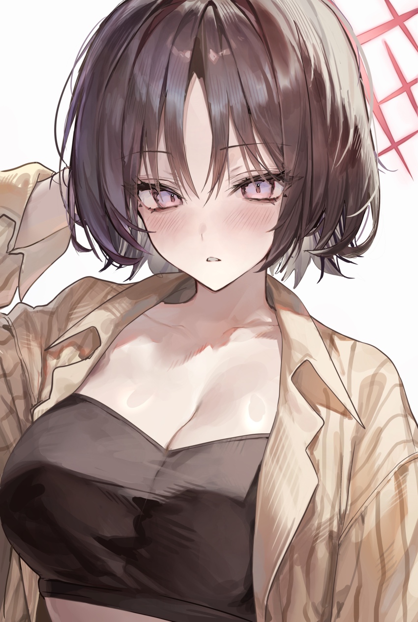 1girl absurdres arm_behind_head black_hair blue_archive blush breasts brown_shirt cleavage halo highres kabi_(zcwd8845) large_breasts looking_at_viewer misaki_(blue_archive) misaki_(swimsuit)_(blue_archive) open_clothes open_shirt pinstripe_pattern pinstripe_shirt shirt short_hair simple_background solo upper_body white_background