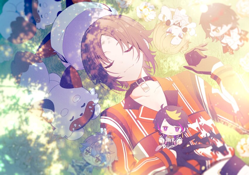 1boy :3 animal_ears animal_hat ayame_(3103942) black_choker black_gloves brown_hair character_doll choker closed_eyes closed_mouth collarbone collared_shirt commentary dappled_sunlight english_commentary eyelashes fox fox_hat gloves grass hand_up hat highres ike_eveland ike_eveland_(1st_costume) jewelry long_sleeves luca_kaneshiro luca_kaneshiro_(1st_costume) luxiem lying male_focus multicolored_clothes multicolored_shirt mysta_rias mysta_rias_(1st_costume) mystake_(mysta_rias) nijisanji nijisanji_en on_back on_grass orange_shirt parted_bangs pendant pendant_choker shirt short_hair shu_yamino shu_yamino_(1st_costume) sidelocks smile solo striped_clothes striped_shirt sunlight u_u unworn_hat unworn_headwear virtual_youtuber vox_akuma vox_akuma_(1st_costume) white_hat