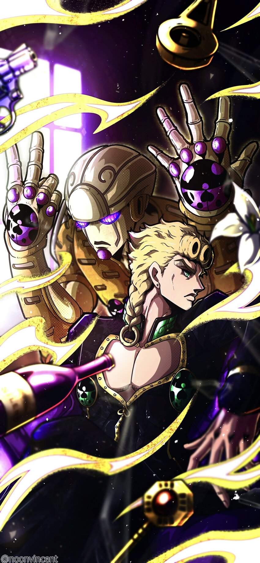 1boy 1other absurdres black_jacket blonde_hair bottle braid cleavage_cutout closed_mouth clothing_cutout commentary compound_eyes earrings english_commentary flower giorno_giovanna gold_experience gold_skin green_eyes gun handgun hands_up high_collar highres indoors jacket jewelry jojo_no_kimyou_na_bouken key ladybug_ornament long_hair long_sleeves looking_to_the_side male_focus mr.president_(stand) noonvincent pectoral_cleavage pectorals purple_eyes revolver sitting stand_(jojo) stud_earrings vento_aureo weapon white_flower window wine_bottle wing_ornament zipper_pull_tab